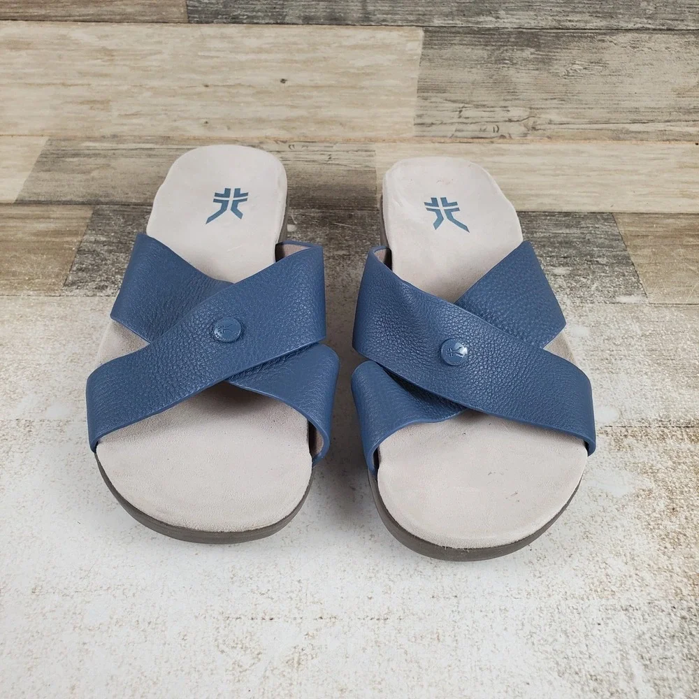 Kuru Breeze Womens Slide Sandals Sz 9 W Mineral Blue Faded Brown Leather Slip On